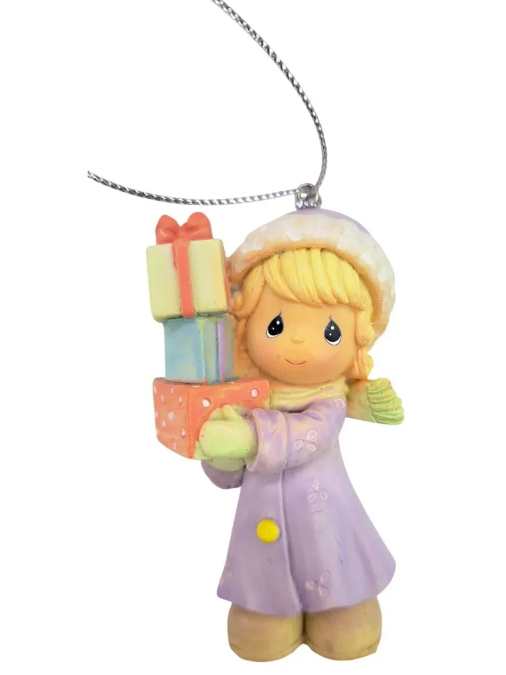 Vintage Precious Moments Christmas Ornament Girl Holding Gift Purple Coat Blonde - Picture 2 of 8